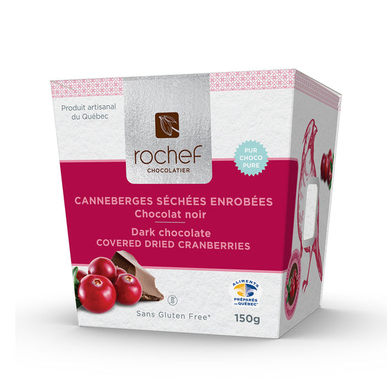 Dark chocolate covered real dried cranberries, 150g.