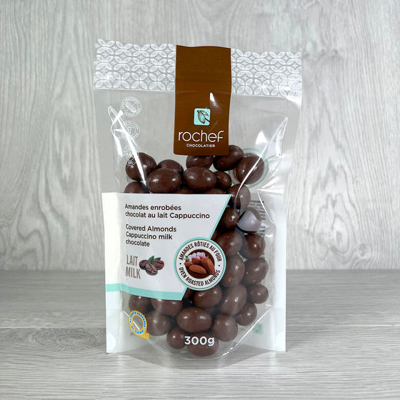 cappuccino milk chocolate covered oven roasted almonds, 300g.
