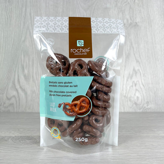 Milk chocolate covered pretzels, 250g.